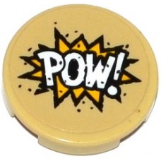 Part 14769pb104 Tan Tile, Round 2 x 2 with Bottom Stud Holder with 'POW!' in Yellow Starburst Pattern (Sticker) - Set 76053 